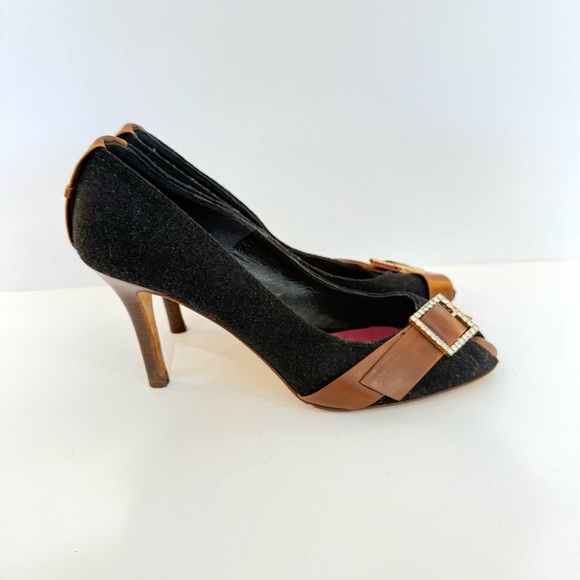 Kate Spade Black Felt Fabric Leather Rhinestone Office Open Toe Heels Size 6 B - Picture 3 of 10